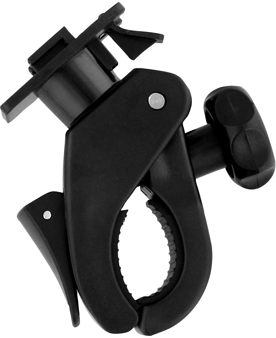 Black clamp-style mount. It has a circular grip and a lever for adjustment.