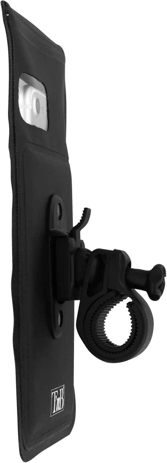 Zwarte telefoonhoes met een fietsbevestiging. De hoes is lang en heeft een doorzichtig venster.