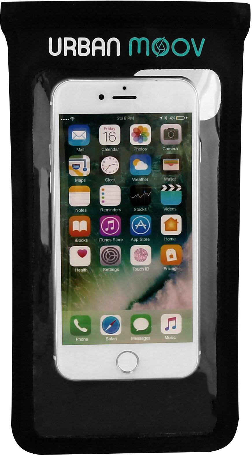 Een witte iPhone in een zwarte waterdichte hoes, met app-iconen op het scherm. Zwarte achtergrond.