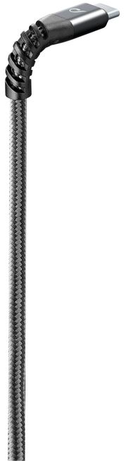 Ein gebogenes, silbernes USB-C-Kabel mit geflochtenem Design. Das Kabel ist abgewinkelt und hat einen USB-C-Anschluss.