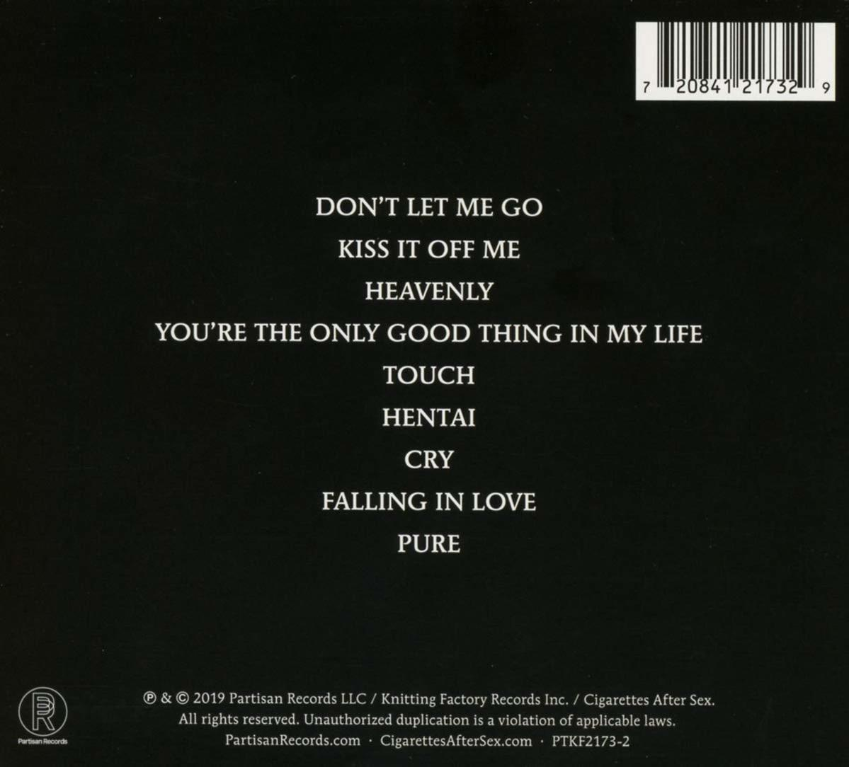 Album-Rückseite mit Songtiteln. Schwarzer Hintergrund mit weißem Text, einschließlich Künstler und Plattenlabel.