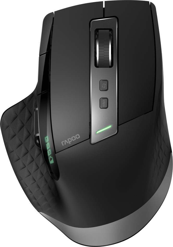 Eine schwarze Computermaus. Sie hat ein Scrollrad und Tasten, mit einem grünen Licht.