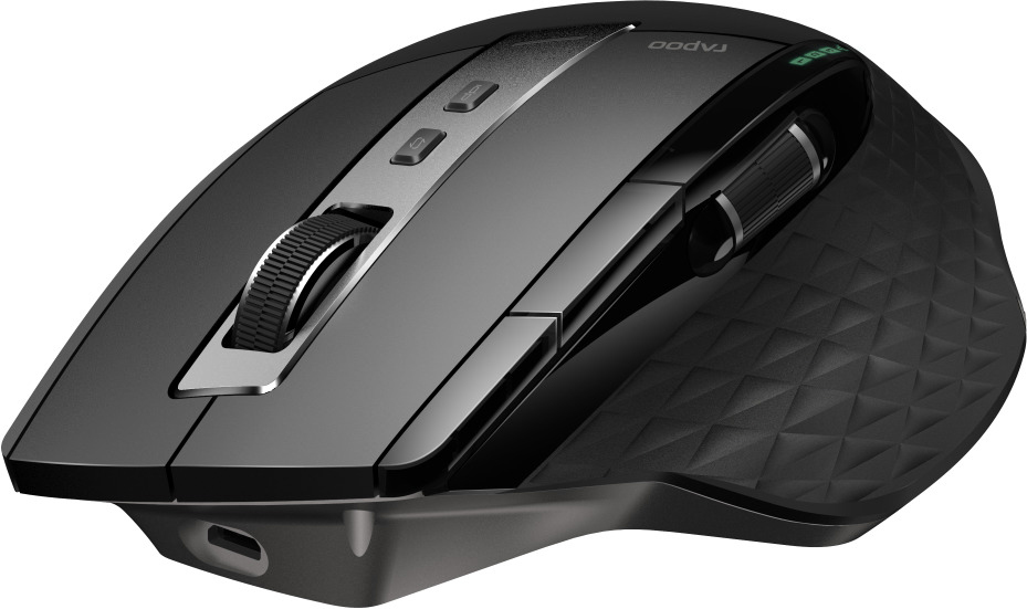 Eine schwarze Computermaus mit zwei Tasten und einem Scrollrad, mit strukturierter Oberfläche.