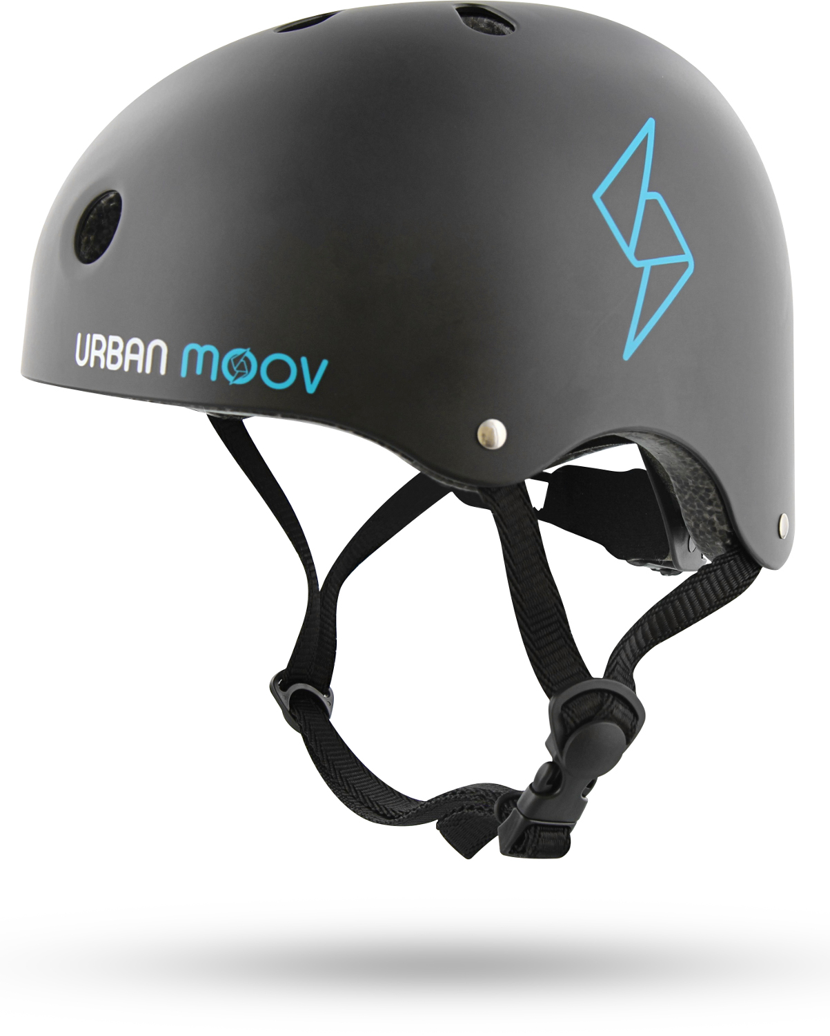 Casque noir avec logo bleu, sangles et boucle, marque Urban Moov.