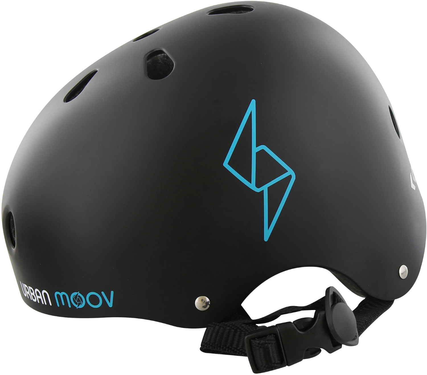 Zwarte skatehelm met een blauw logo. Zijaanzicht, gladde afwerking en een riem.