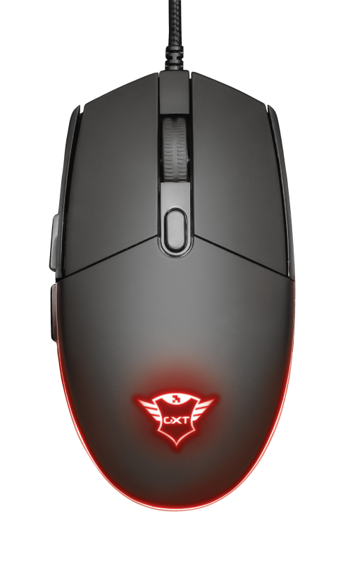 Fekete gaming egér piros LED-fénnyel. Van görgetőkerék és gombok. Fekete háttér.