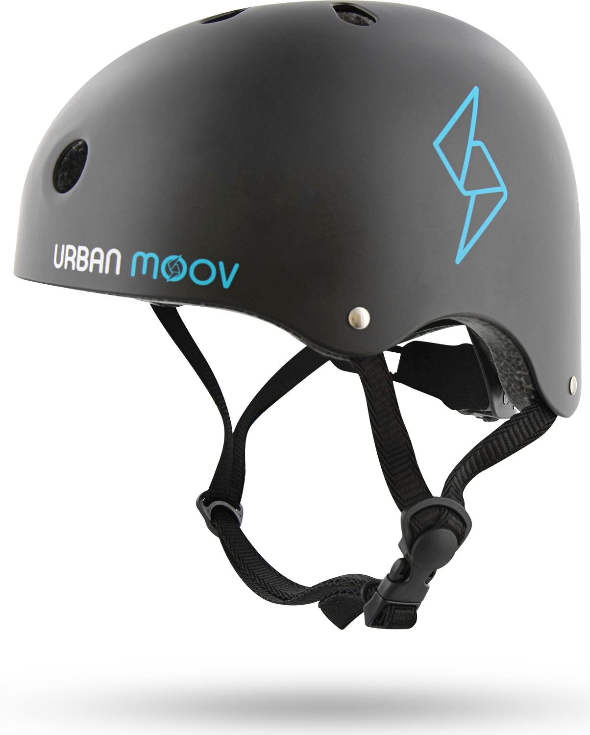 Zwarte helm met zwarte bandjes, blauw logo en Urban Moov tekst.