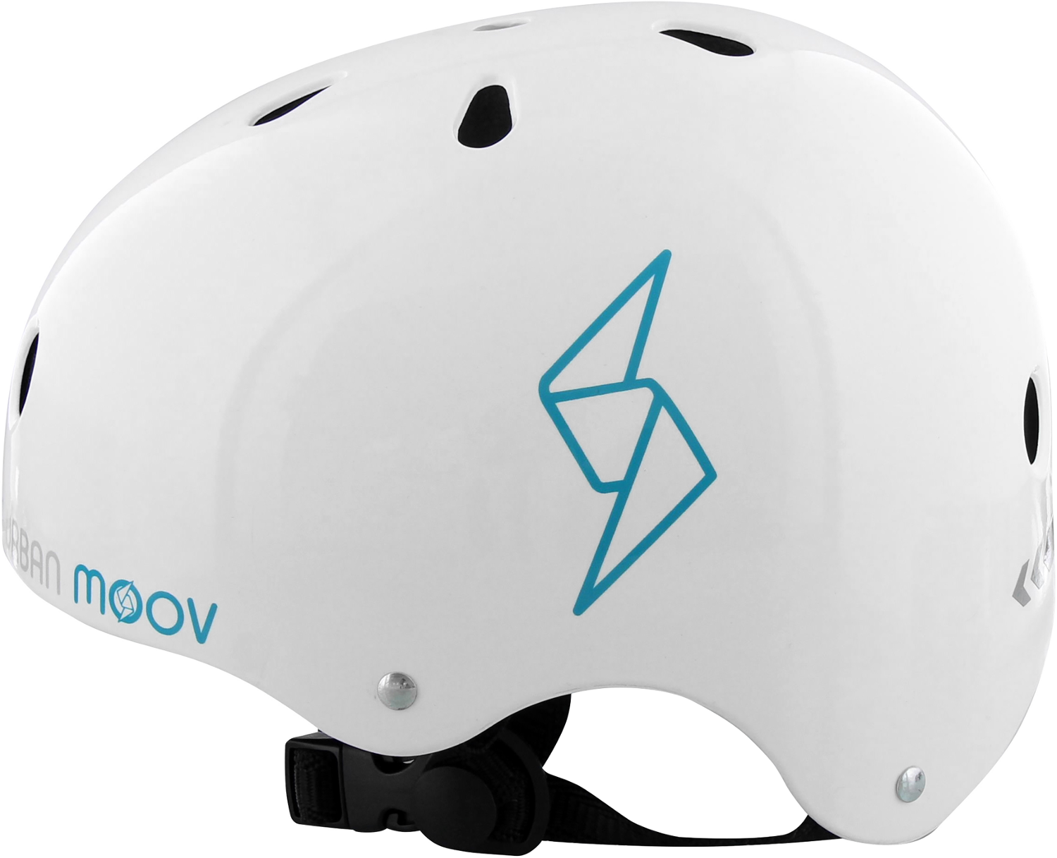 Casque blanc avec logo bleu, vue latérale, pour le patinage ou le vélo.