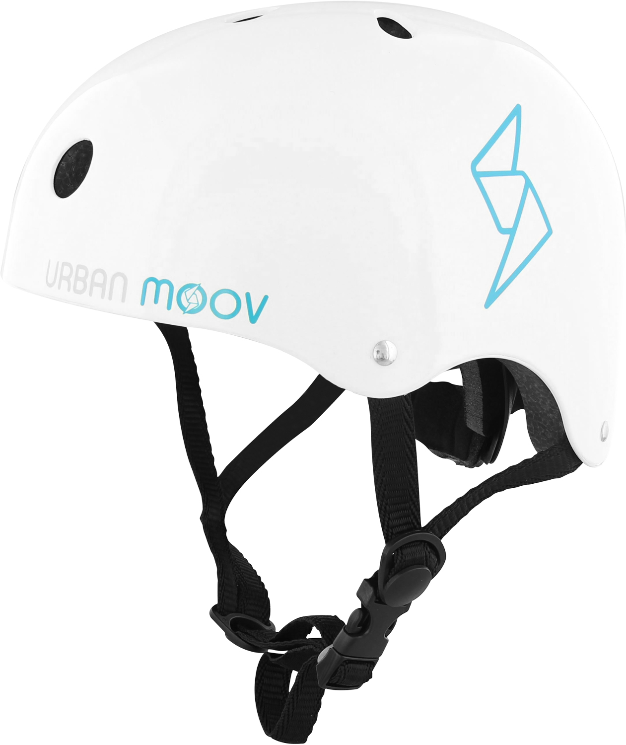 Casque de vélo blanc avec les mots "URBAN MOOV" et un logo bleu.