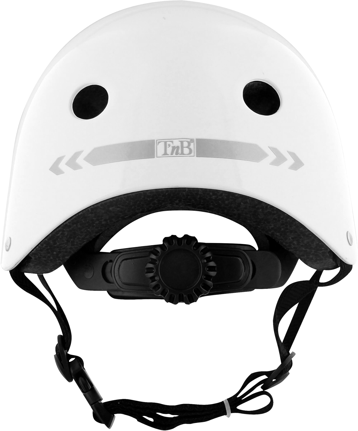 Casque blanc avec des sangles noires. Il a deux trous pour les yeux et un logo sur le devant.