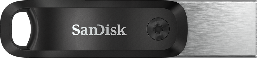 Schwarzer und silberner SanDisk USB-Stick, mit dem Markennamen oben.