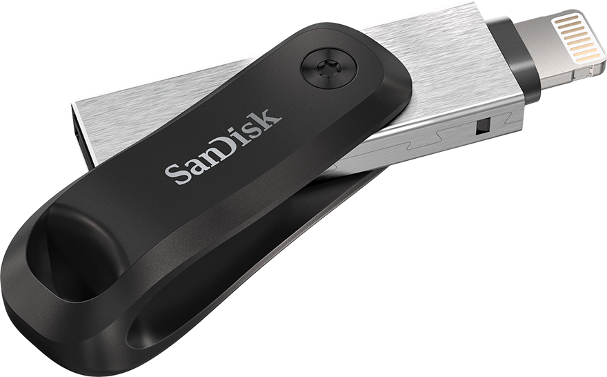 Ein schwarzer und silberner Sandisk USB-Stick mit Lightning-Anschluss am Ende.