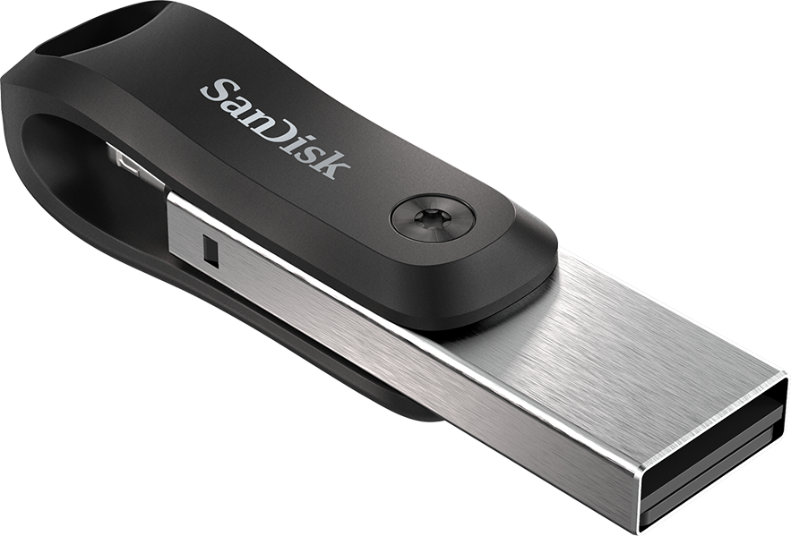 Schwarzer und silberner SanDisk USB-Stick. Es ist ein schlankes, kompaktes Speichergerät.
