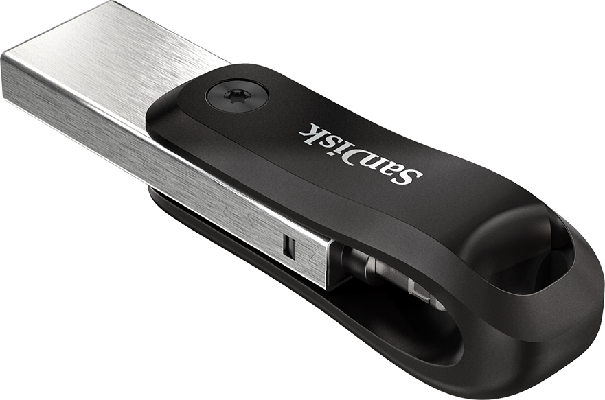 Una chiavetta USB SanDisk nera e argentata con un design elegante e curvo.