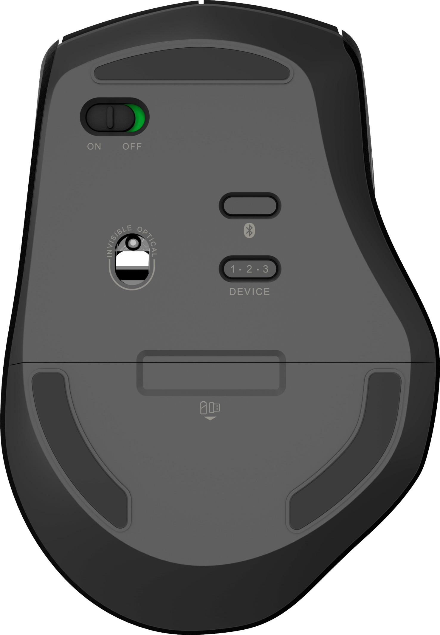 Die Unterseite einer schwarzen Computermaus mit Knöpfen und einem Ein/Aus-Schalter.
