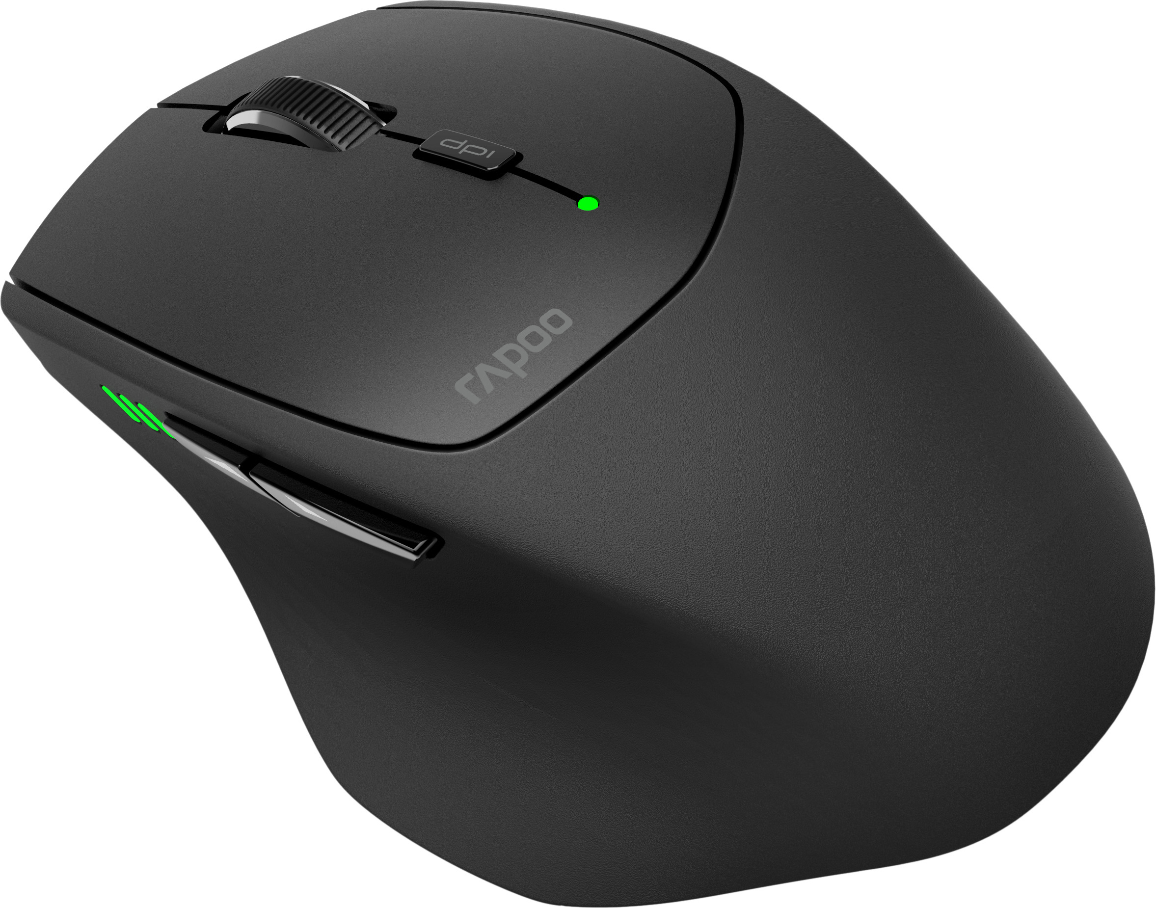 Schwarze kabellose Maus mit Scrollrad, DPI-Taste und grünen LED-Leuchten. Das Markenlogo ist Rapoo.