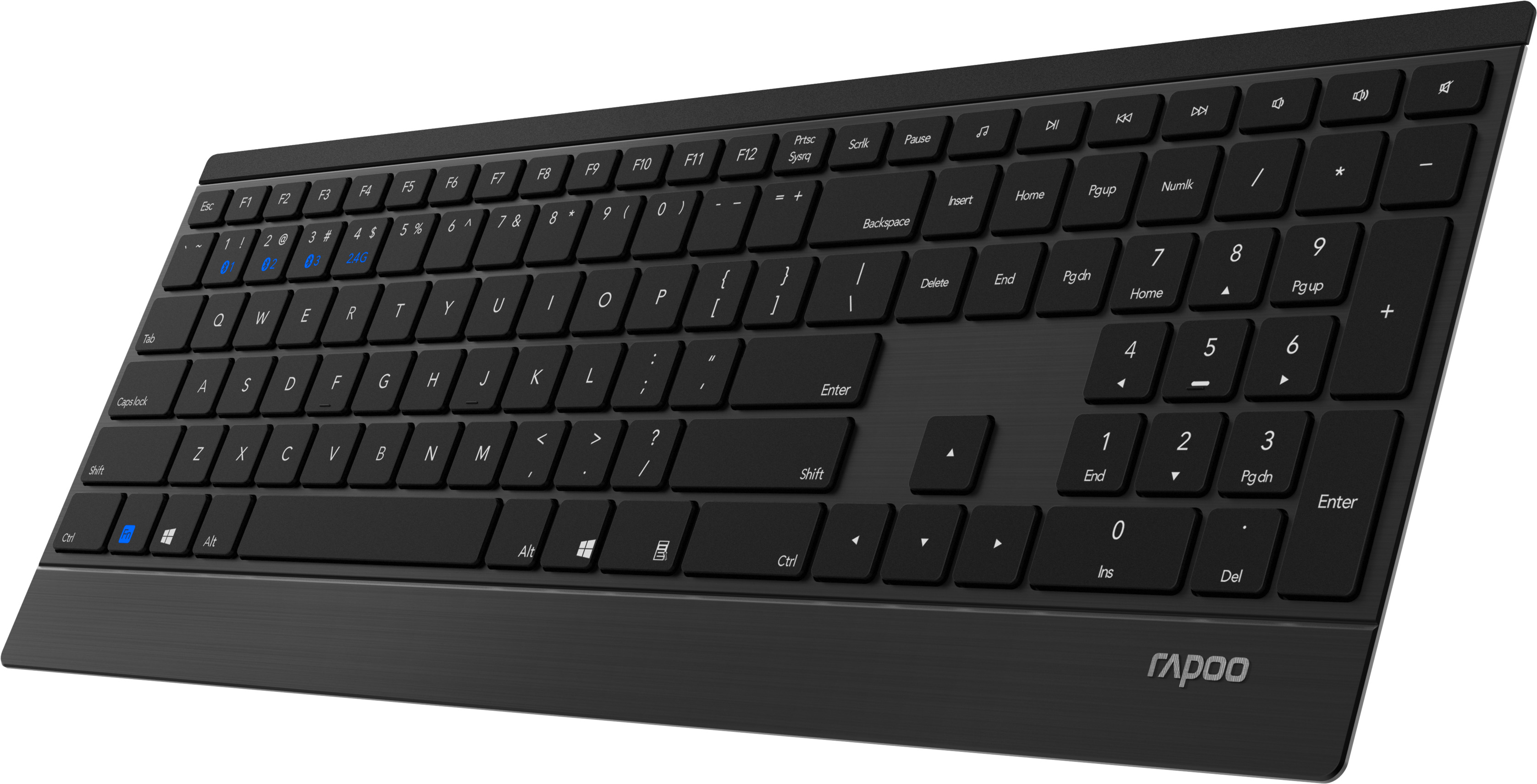 Schwarze Computertastatur mit vielen Tasten.