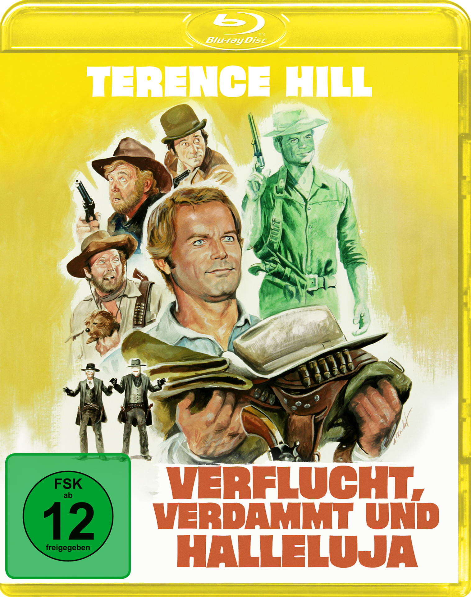 Filmcover. Ein Mann mit einer Waffe. Text: Verflucht, Verdammt und Halleluja.