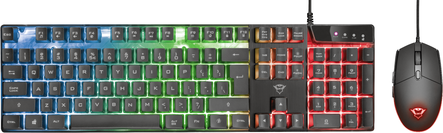 RGB háttérvilágítású billentyűzet és egér készlet fekete felülettel és színes billentyűfényekkel.