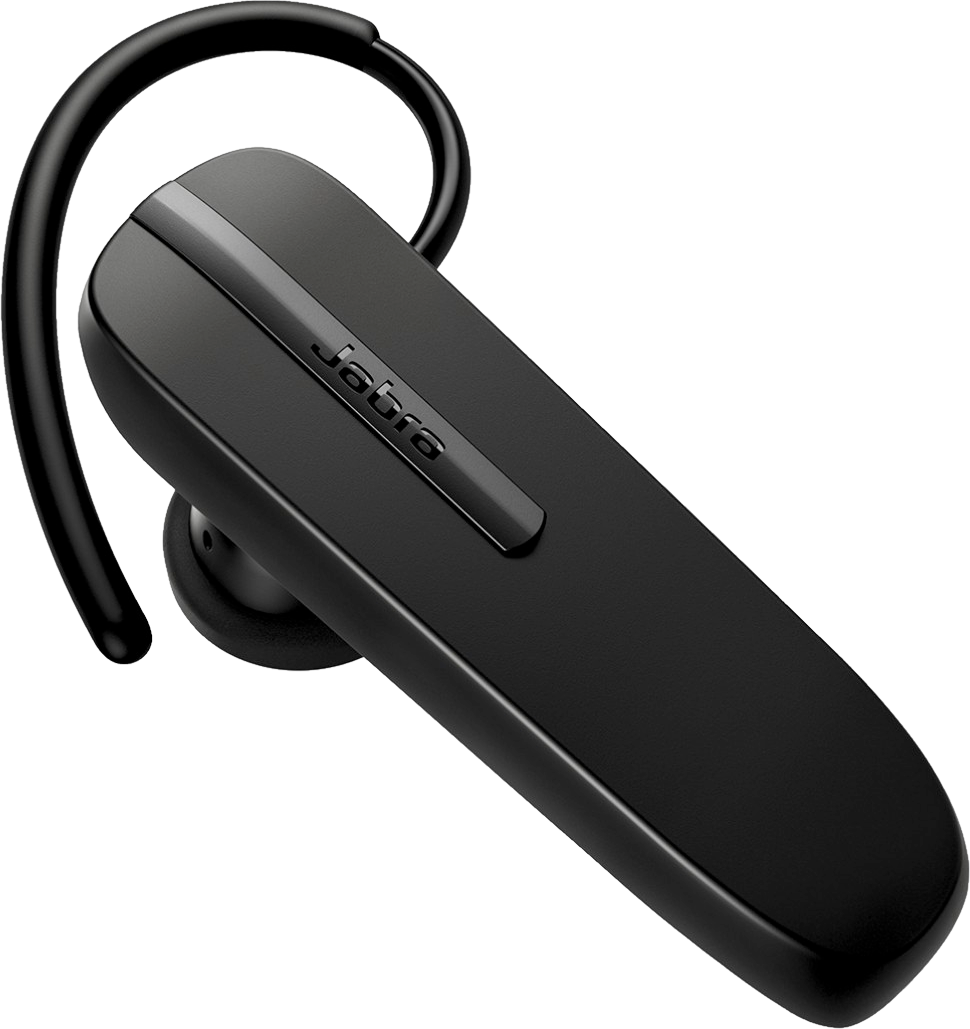 Fekete Jabra Bluetooth headset, hosszú, ívelt fülhoroggal és karcsú, téglalap alakú testtel.