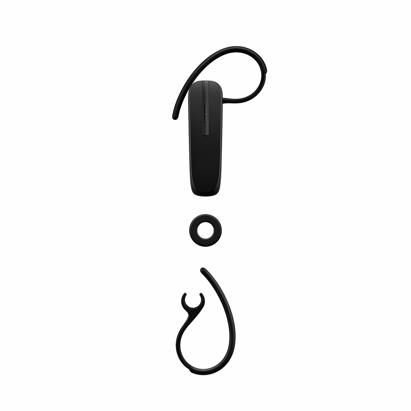 Fekete vezeték nélküli fülhallgató, több részből áll, beleértve a fő testet, a fülkampót és a töltő dokkolót.