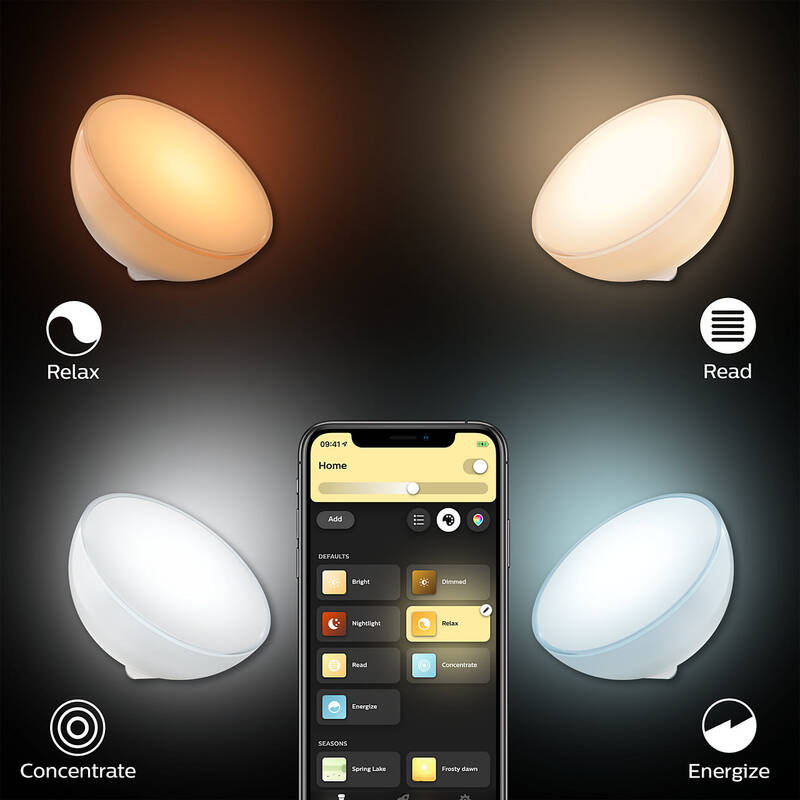 Quattro luci intelligenti che mostrano diverse modalità, con un telefono che mostra l'interfaccia dell'app di controllo.