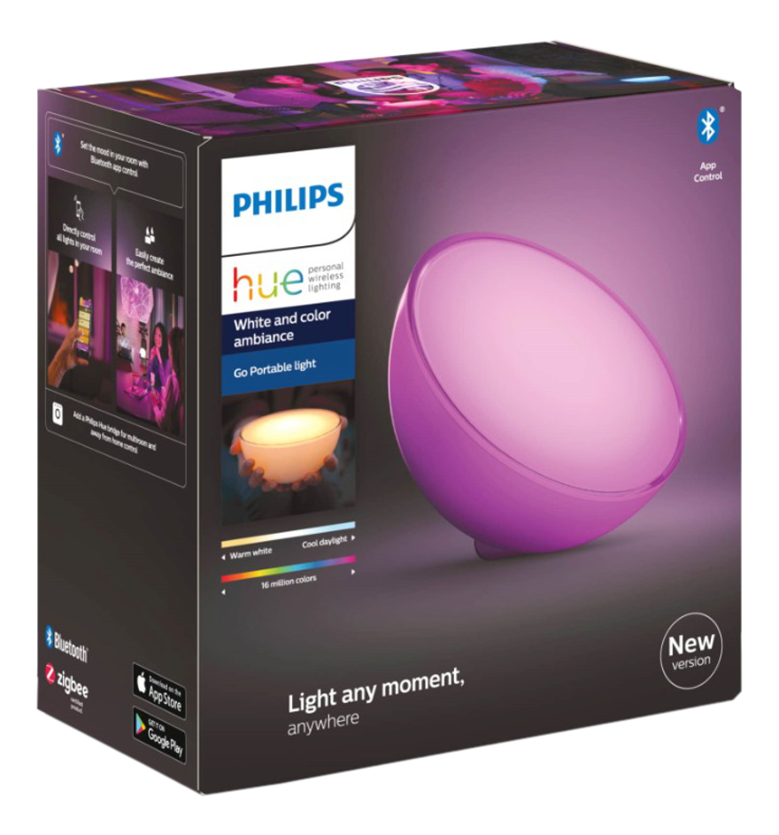 Una scatola luminosa portatile Philips Hue bianca e con atmosfera colorata.