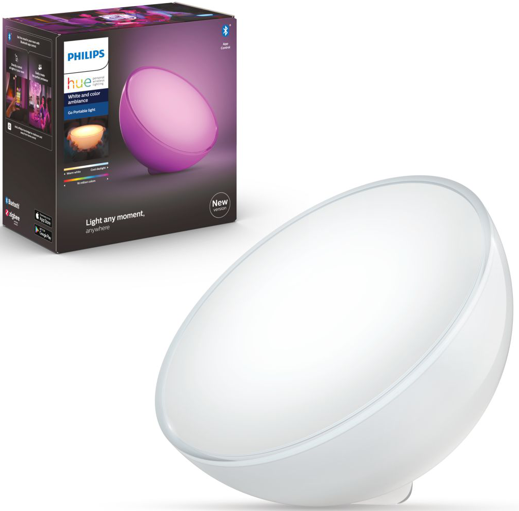 Lampada Philips Hue con una scatola su sfondo bianco.