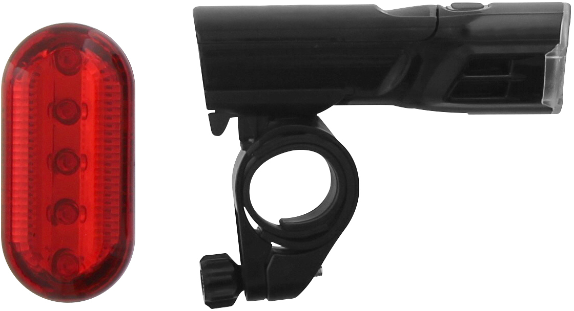 Bike light set: red rear light, black front light. Front light has mount.