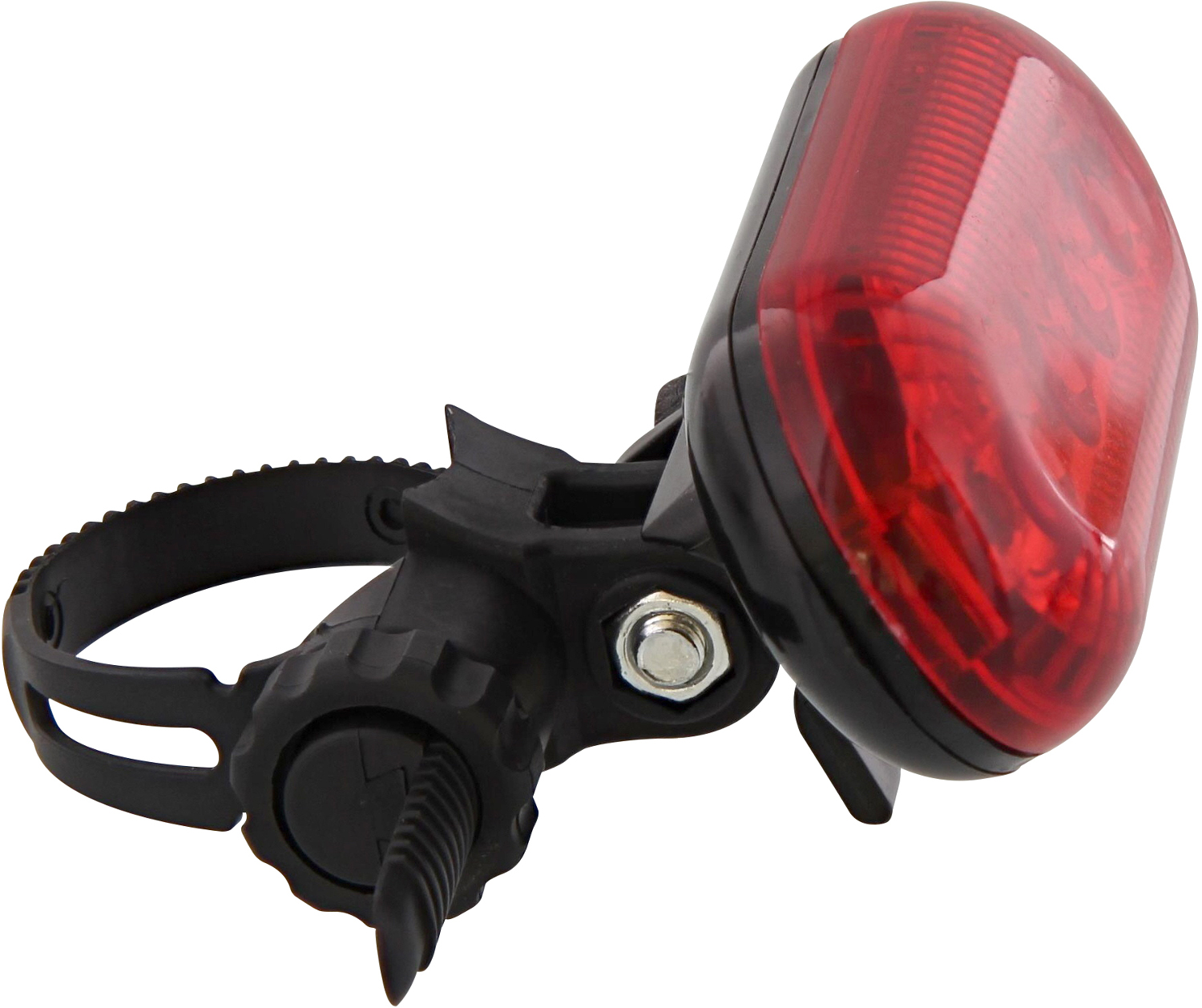 Red bicycle rear light with a black mount and strap.