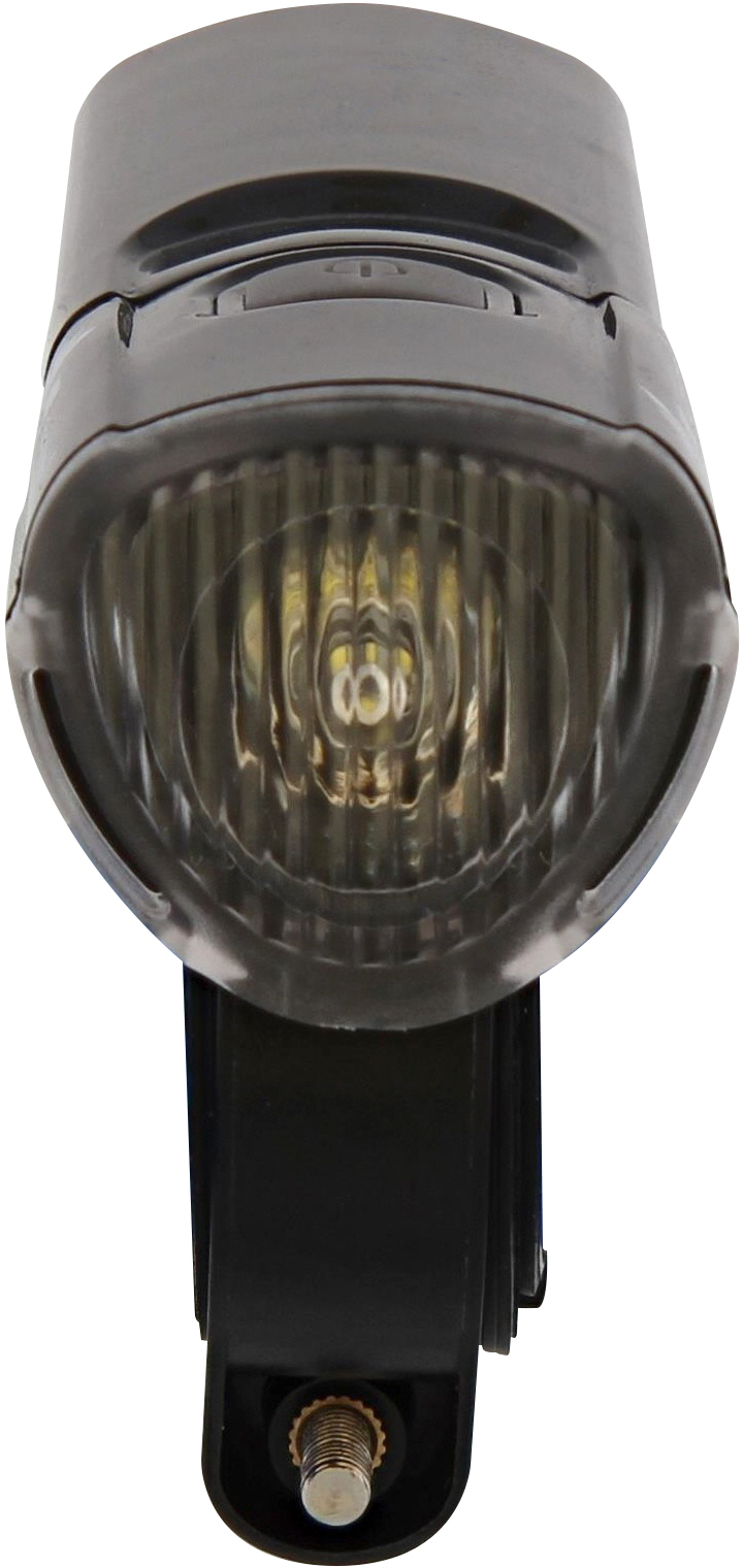 A black bicycle light with a clear lens.