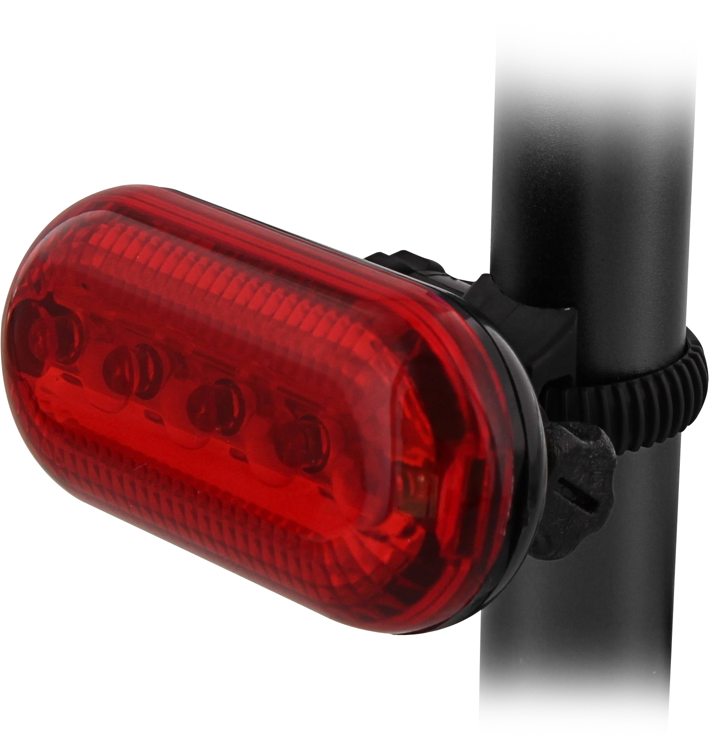 Red bicycle tail light attached to a black seat post. Black background.