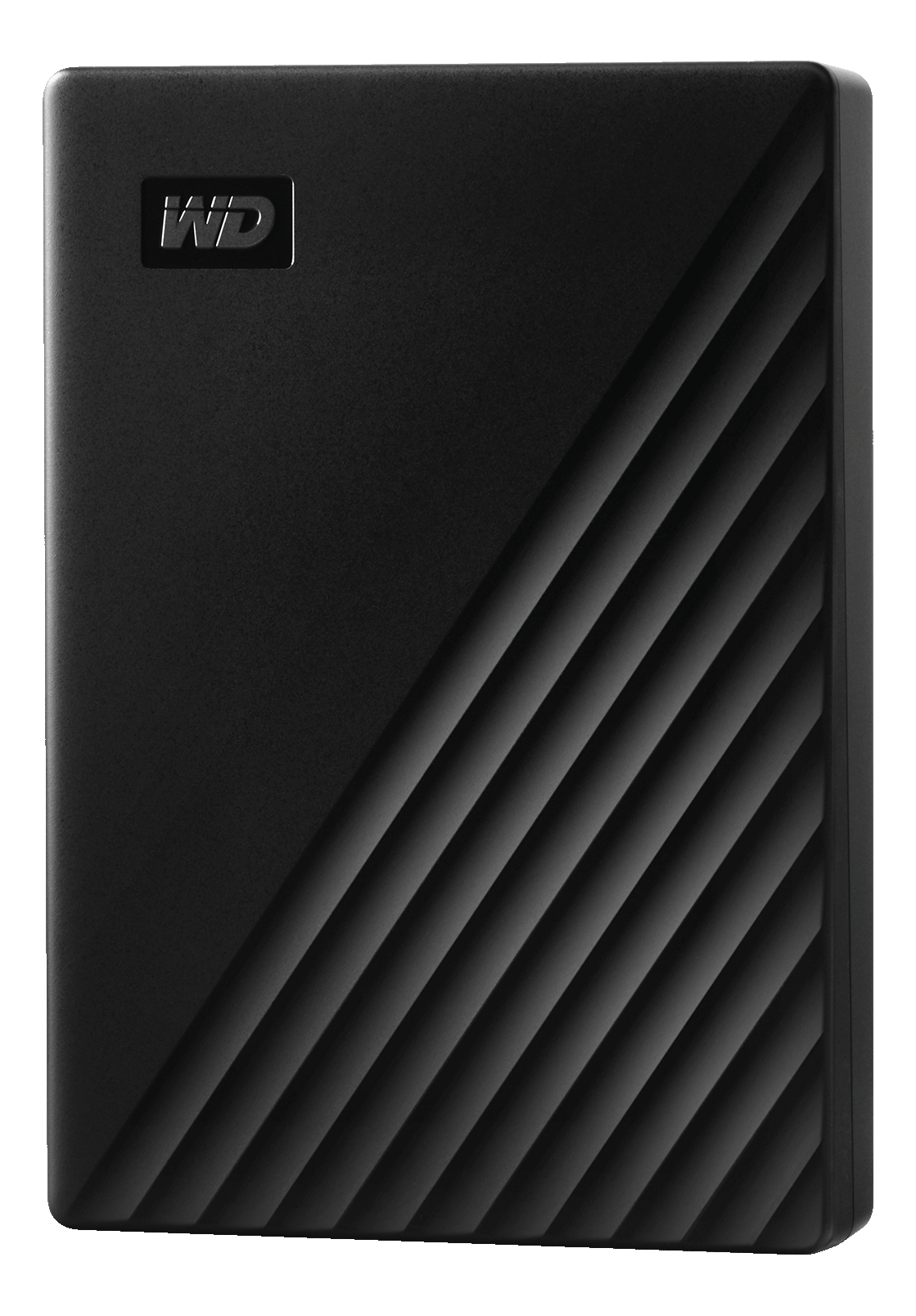 Disque dur portable noir avec un design texturé diagonal. Fond sombre.