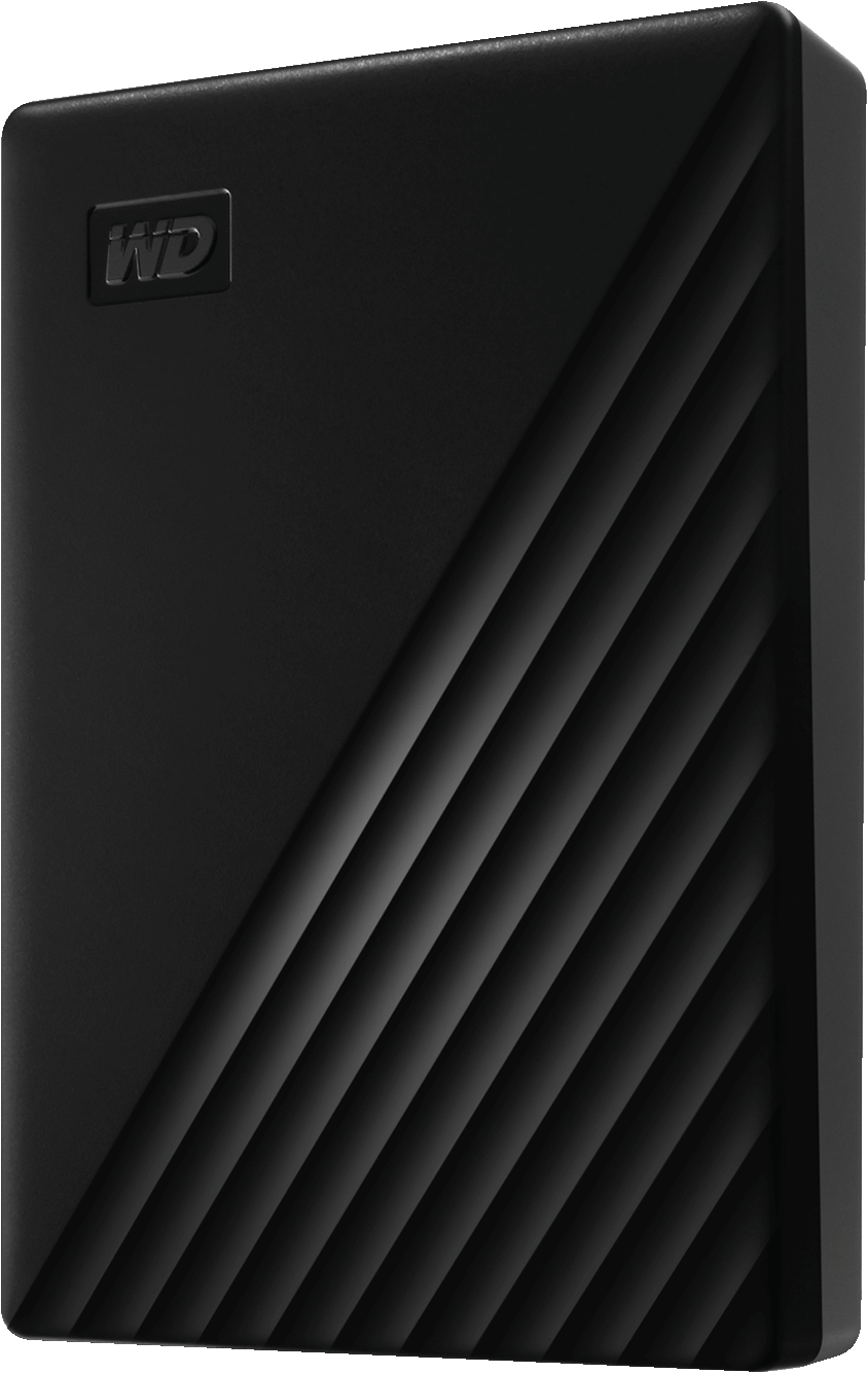 Disque dur externe noir, lignes inclinées sur le devant, logo WD, vue latérale.