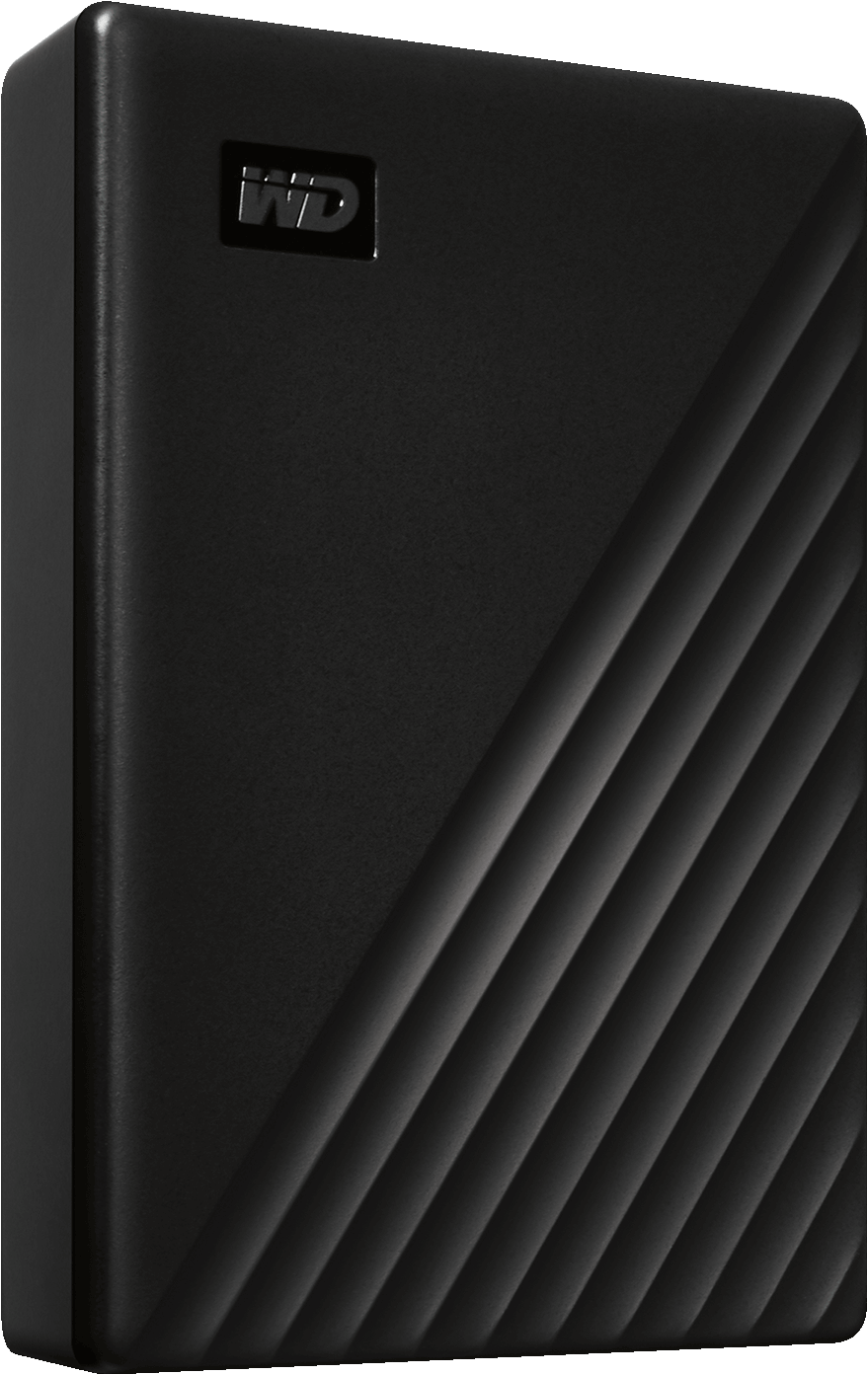 Disque dur portable noir avec des lignes diagonales sur la surface.