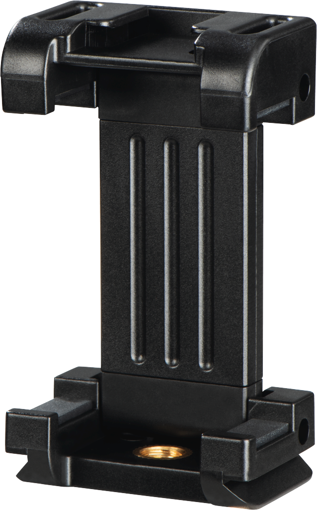 Un support de téléphone noir avec une pince à ressort, pour maintenir un téléphone verticalement.
