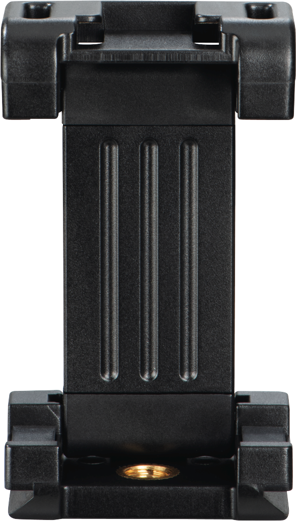 Support de téléphone noir. Il possède une pince à ressort. Il est sur un fond noir.
