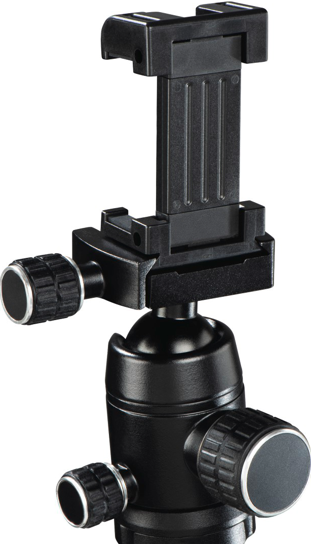 Une tête de trépied noire, avec des boutons de réglage et un support pour téléphone.