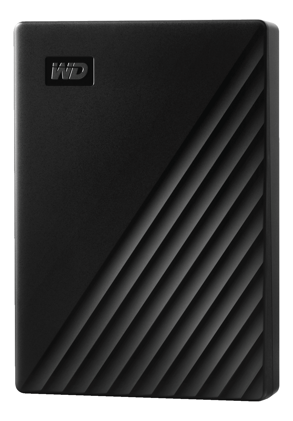 Disque dur WD My Passport noir avec des lignes diagonales.