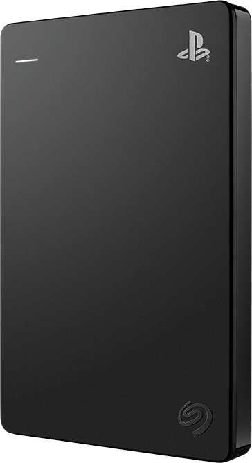 Zwarte externe harde schijf, met het PlayStation-logo, op een witte achtergrond. Het Seagate-logo is zichtbaar.