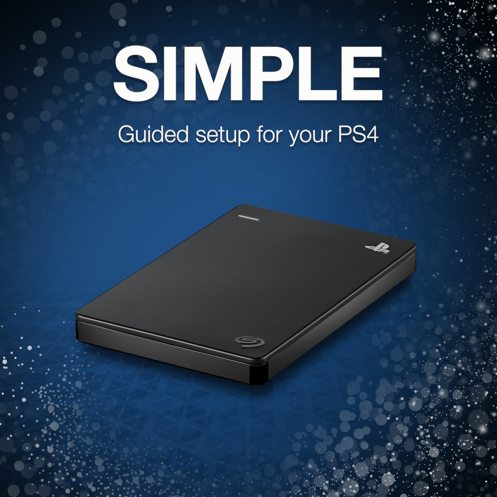 Zwarte Seagate harde schijf met het woord SIMPLE erboven op een blauwe achtergrond.