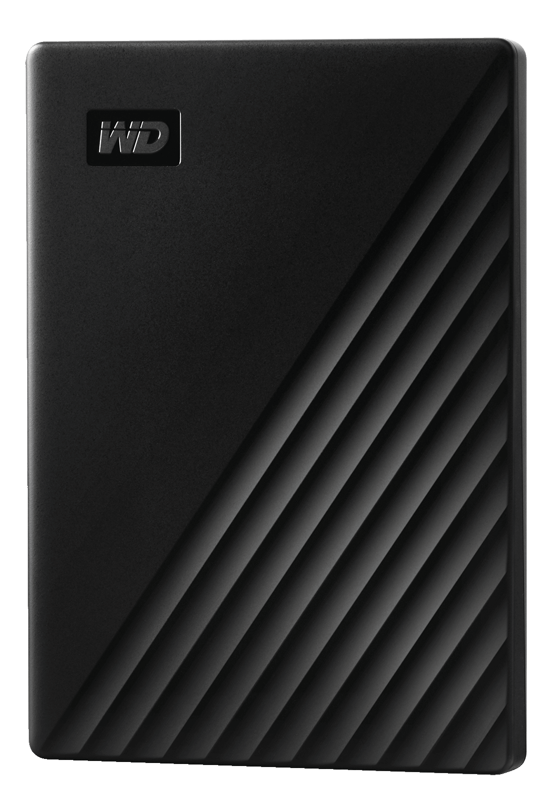 Disque dur portable WD My Passport noir. Motif diagonal sur le devant. Logo WD dans le coin supérieur gauche.