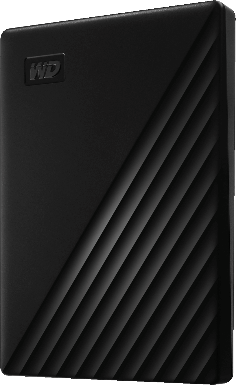 Un disque dur portable noir texturé avec le logo WD.