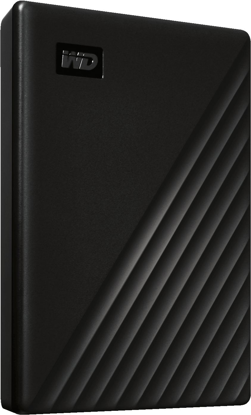 Disque dur externe WD noir avec lignes diagonales. Logo WD en haut à gauche.