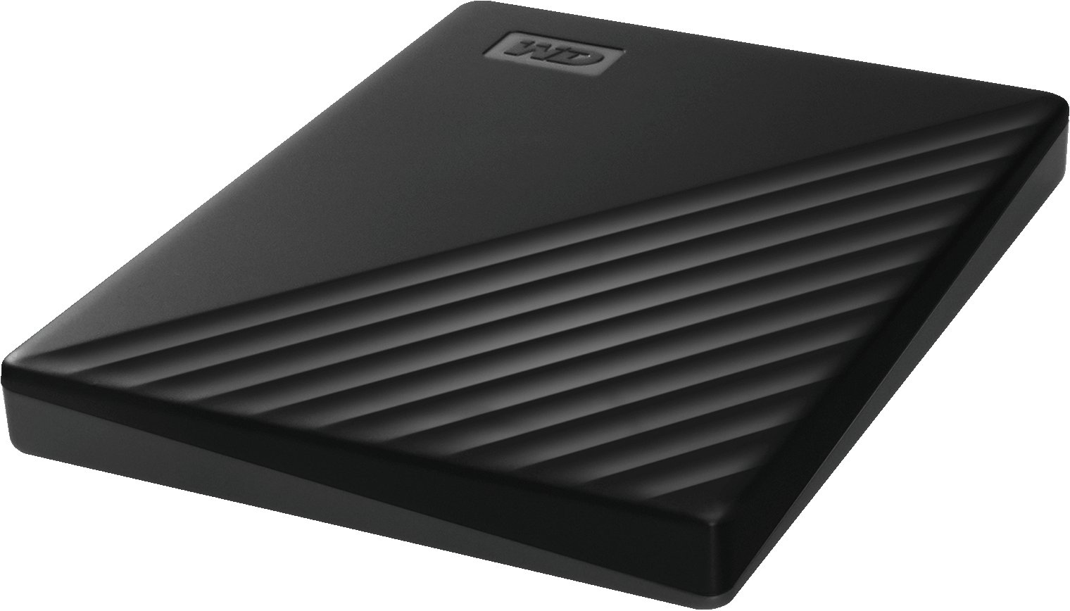 Disque dur portable WD noir. Il est rectangulaire avec des lignes diagonales sur la surface.