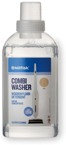 Een fles Nilfisk Combi Washer Houten Vloer Reiniger. Het etiket benadrukt het product.