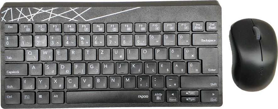 Fekete billentyűzet és egér. Fehér szimbólumok a billentyűzeten. Az egér ovális alakú.