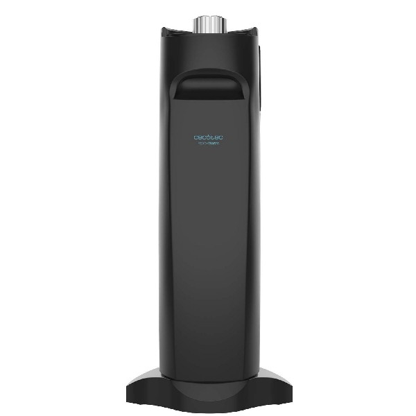 Aparato negro, posiblemente un ventilador o purificador de aire. Base negra, logo frontal.