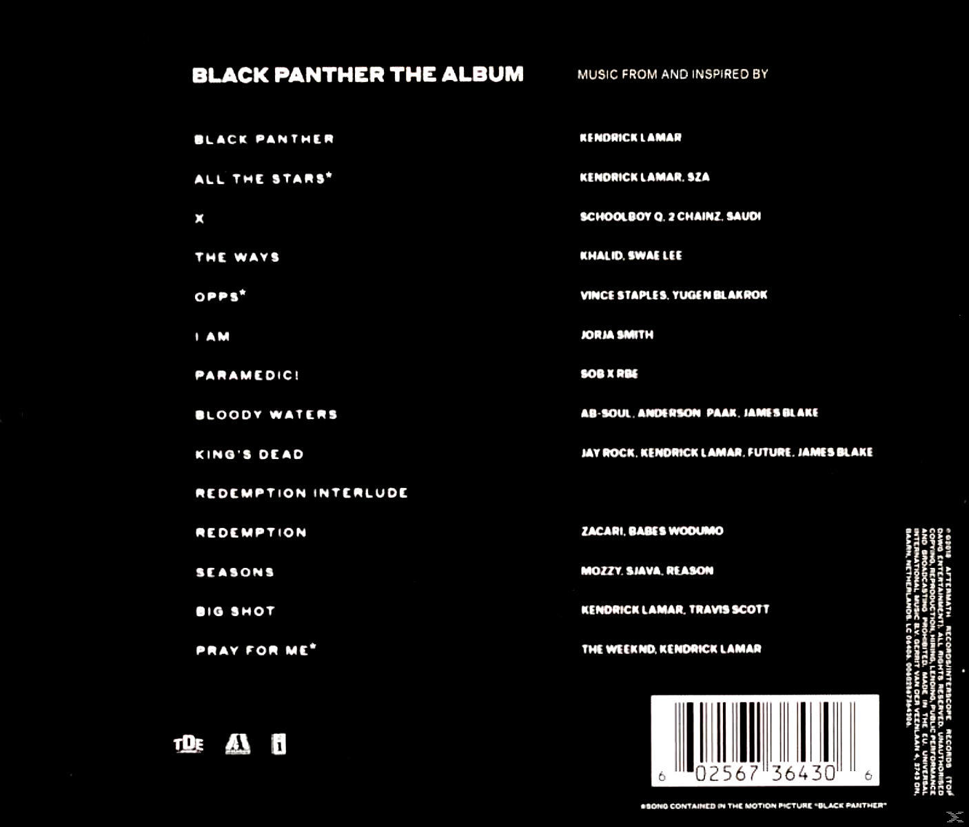 A Black Panther album hátlapja számlistával és előadói információkkal fekete háttéren.