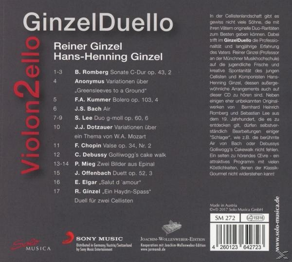 Rückseite einer CD mit Text. Der Titel lautet GinzelDuello. Die Namen der Künstler sind sichtbar.